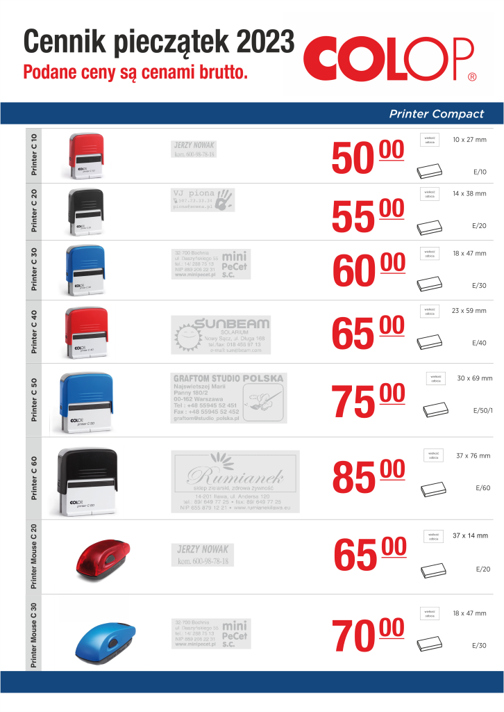 cennik pieczątek colop